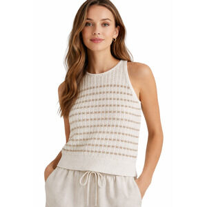 LOFT Sleeveless Knit Sweater Tank Medium Off White Brown Stripe Cotton High Neck